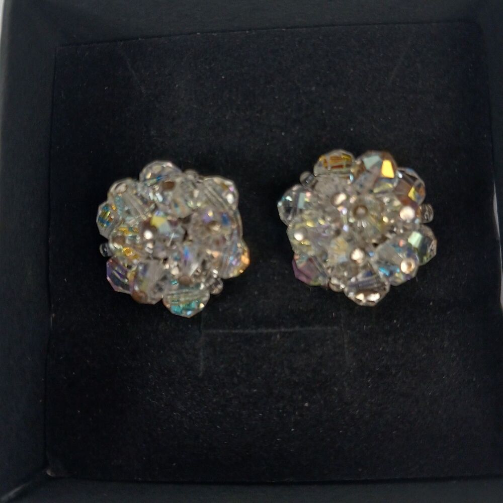 Vintage 1950s 1960s AB Crystal Cluster Clip On Earrings